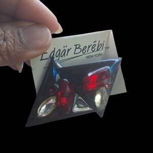 Edgar Berebi New York Black Geometric Clip Earrings with Red & Clear Stones